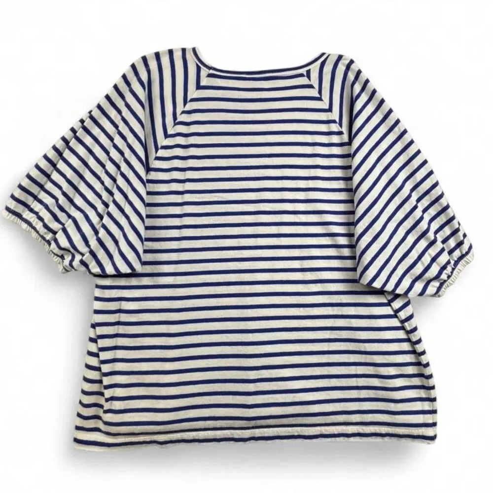 J.Crew Striped Tee Womens XL Blue White Puff Sleeve Shirt Preppy Cotton Top